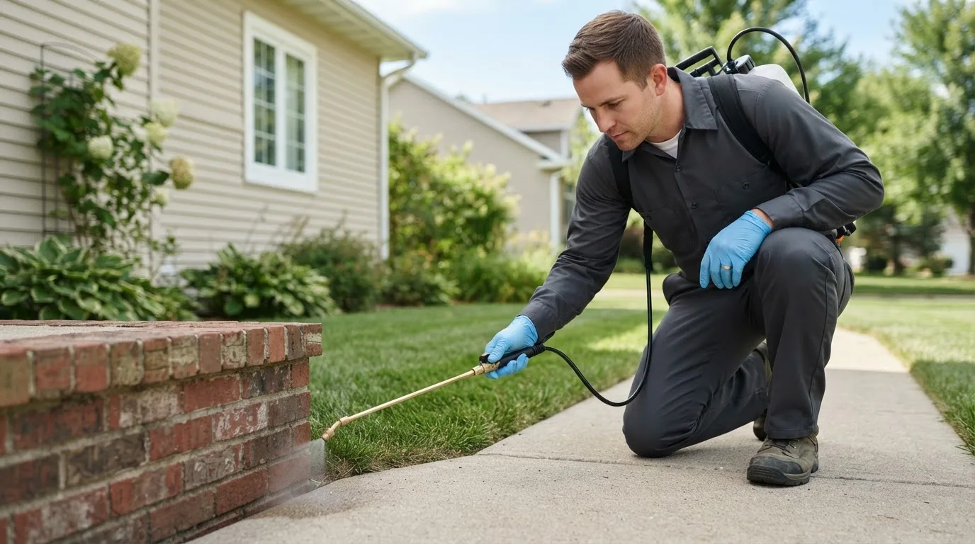 Pest control technician treating a home near Jamesport, MO