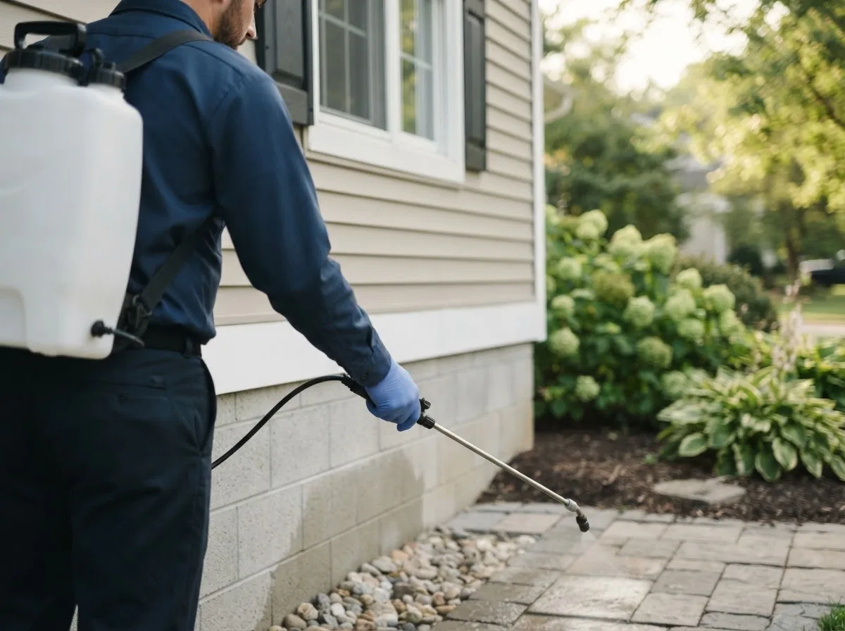 Pest control technician inspecting a home in Jamesport, MO